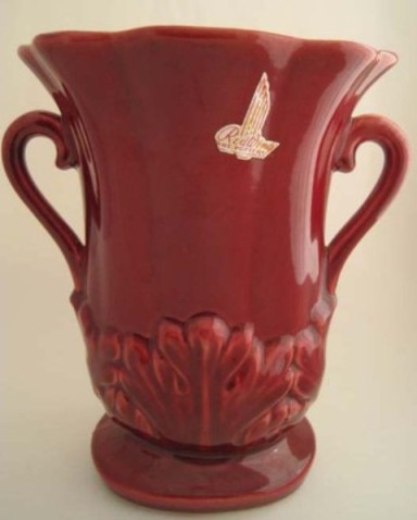 Red Wing Pottery, c.1950's 7.75" Loop Handled Vase with Acanthus Leaves & original label, mold # 1357,  $75.00