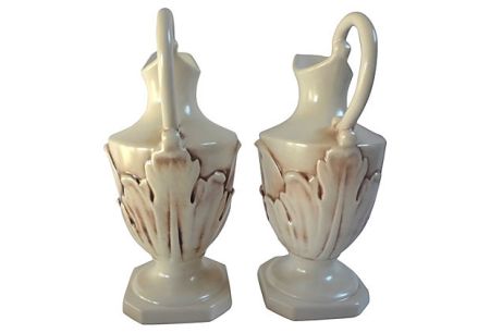 Rum Rill for Red Wing Pottery, c.1932-37,  Pair of 10.25" Ewers w/ Embossed Acanthus Leaves, Mold #448, Back side and View of Handles 