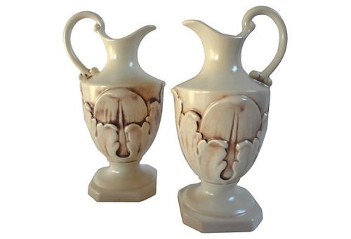 Rum Rill for Red Wing Pottery, c.1932-37, Pair of  10.25" Ewers w/ Embossed Acanthus Leaves in Pompeian Glaze, Mold #448, List Price $225.00, Holiday Price $200.00 for the Pair 