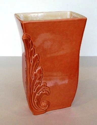 Red Wing Pottery, c.1940's 8" Vase with Embossed Acanthus leaves in coral & ivory, $109.00 