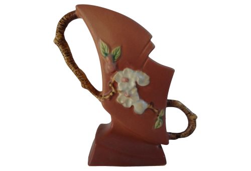 Roseville Pottery, c. 1948, "Apple Blossom", Double Handled 7" Vase in Terra Cotta, Offered at an Opening Bid of $64.99. Includes Free Shipping.